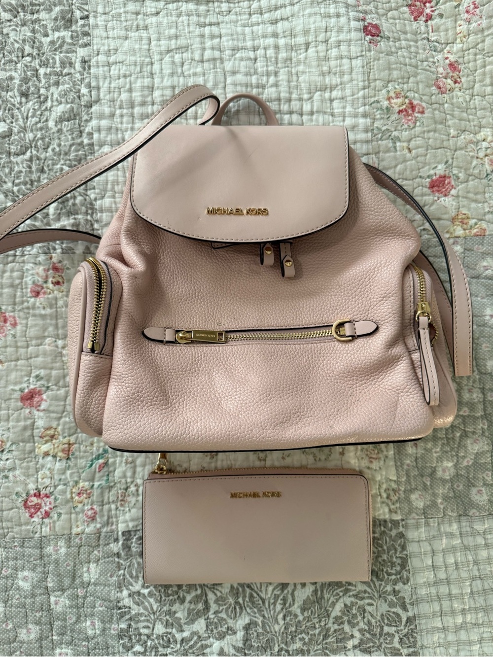 Michael Kors Blush Pink Leather Backpack Purse & Wallet